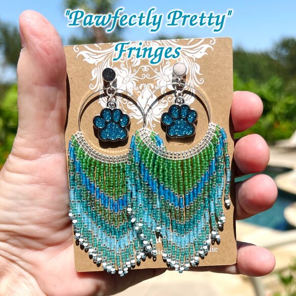Handmade Beaded Long Fringe Paw Love Dangle Drop Lightweight Post Hoop Earrings - Picture 8 of 8